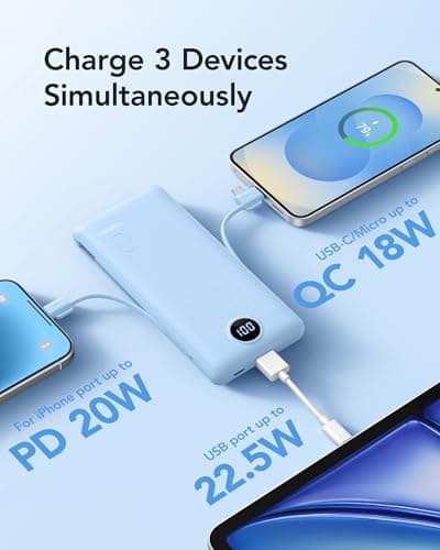 VRURC Portable Charger Power Bank - 10000mAh Fast Charging 22.5W USB Port Fast Charging Power Bank,4 Outputs Dual Inputs Slim Compact Rechargeable Battery Pack Travel Accessories-Blue(1 Pack) 6