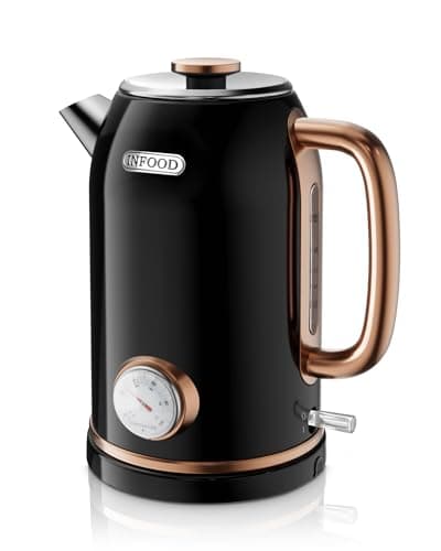 INFOOD Retro Electric Kettle, 1.8L/60.8oz Hot Water Kettle Electric with Thermometer, 1200W Fast Heating Stainless Steel Tea Kettle for Boiling Water, Cordless, LED Indicator, Auto Shut-Off, Black