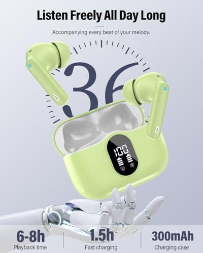 Wireless Earbuds, Bluetooth 5.4 Headphones Bass Stereo, Ear Buds with Noise Cancelling Mic, IP7 Waterproof in Ear Earphones, 36H LED Display Bluetooth Earbuds for Laptop Pad Phones Sports, Grass Green 6