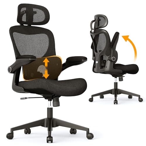 SUNNOW Ergonomic Office Chair, Comfy Mesh Desk Chair, High Back Computer Gaming Chairs with Adjustable Lumbar Support, Flip-Up Arms, Headrest, Tilt Function, Wide Cushion, Swivel Wheel, BIFMA Quality