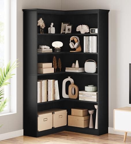 IDEALHOUSE Corner Bookshelf 72.8in Farmhouse Bookcase Large Bookshelf Wood Bookcase Tall 5 Tier Corner Shelf L Shaped Bookshelfs Storage Display Rack Living Room Bedroom (Black Full Panel)