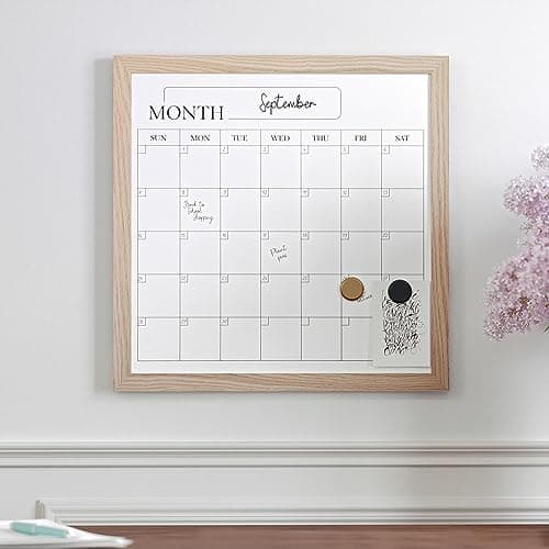 Martha Stewart Everette Magnetic Monthly Calendar Dry Erase Board with Included Dry Erase Marker and 2 Magnets, 18" x 18", Light Natural Woodgrain Frame 5