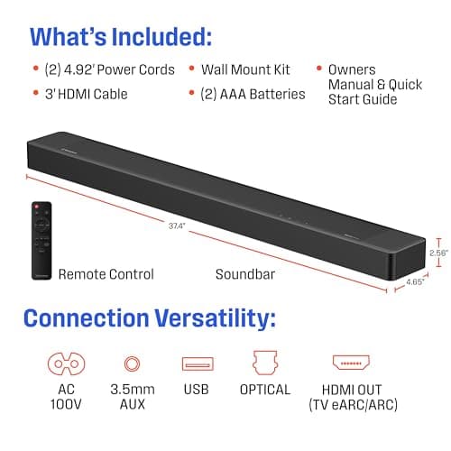 Westinghouse 3.1.2 Channel All-in-One Soundbar with Dolby Atmos and Digital Plus, Built-in Low Frequency Driver and Height Speakers, 210W Surround Sound, eArc, HDMI, Bluetooth, Roku TV Ready 7