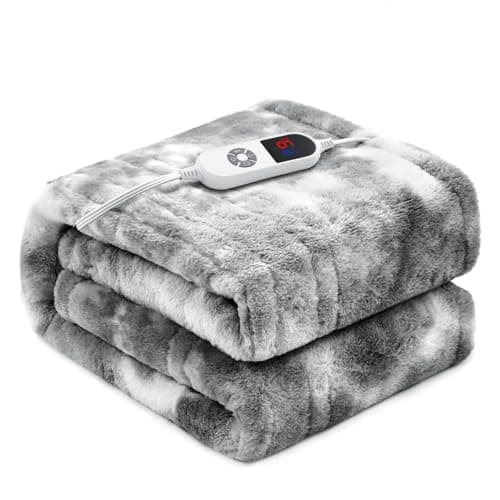 PTQ Electric Heated Blanket 50"x60",Luxury Grey Faux Rabbit Fur Electric Throw Blanket,Fast Heating Soft Fluffy Thick Electric Blanket with 6 Heating Levels & 12H Auto Off