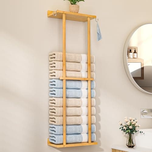 Cozivolife Bamboo Towel Rack for Bathroom with 2 Hooks, 32.7 inch with Shelf Wall Mounted Bathrobe Storage Organizer, Large Capacity Holder for Bathe- and Hand Towels (Natural)