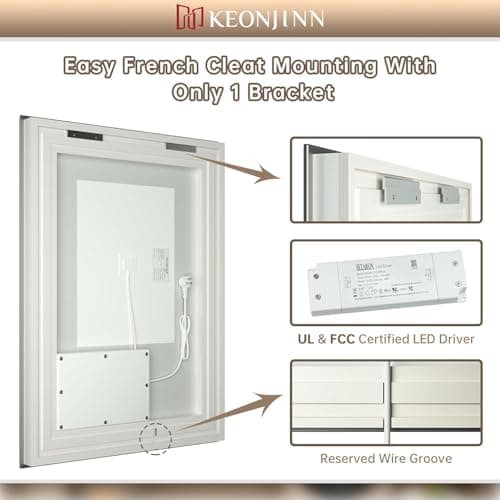 Keonjinn LED Bathroom Mirror 24" x 32" with Frontlit and Backlit, Stepless 3 Colors Temperature & Dimmable Vanity Mirror with Light, Double LED Strips, Tempered Glass Wall Mirror, UL Listed LED Driver 7