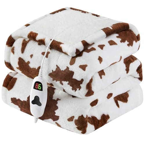 RUJIPO Cow Print Heated Electric Blanket Twin Size,62X84 Brown Heating Blanket with 10 Heats Levels & 8 Hours Auto Off,Highland Cow Fleece Sherpa Blankets Warmer Gifts for Women Adults Couch,Washable