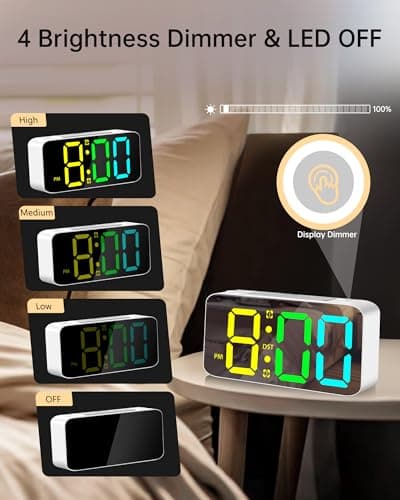RGB Digital Mirror Alarm Clock, 15 Dynamic Color & 7" Large Screen, 7-Color Night Light, 2 USB Charger, 2 Loud Alarm,4 Dimmable Level,Battery Backup,Plug-in Bedroom Clock for Heavy Sleeper Kid Elderly 6