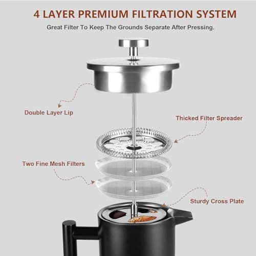 SZHETEFU 34 OZ Large French Press, Premium Stainless Steel Sturdy Insulated French Press Coffee Maker, 4-8 Cups French Coffee Press, Tea Presses for Home Kitchen Caming Loose Tea, Elegant Black 8