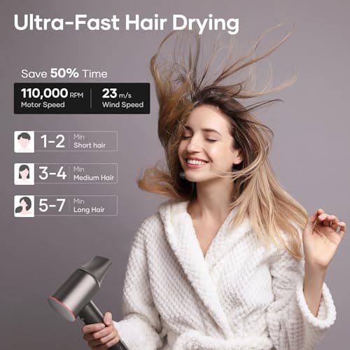 Professional Hair Dryer, 200 Million Negative Ionic Blow Dryer with 110000 RPM Brushless Motor, 1500W High-Speed HairDryer with Magnetic Nozzle & Diffuser for Salon, Home, Travel (Wisdom Gray) 3