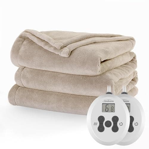 Sunbeam Electric Royal Luxe Microplush Heated Blanket 12 Heat Settings, 12-Hour Selectable Auto Shut-Off, Fast Heating, Warm and Cozy, Sandstone Color, Queen, 90" x 84"
