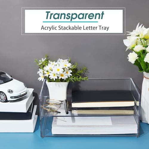 Yulejo 2 Pcs Stackable Paper Tray Acrylic Desk Organizers Accessories Paper Storage Tier File Office Organizer Tray Stackable Document Clear Desk Accessories for Office Workspace Organization 7