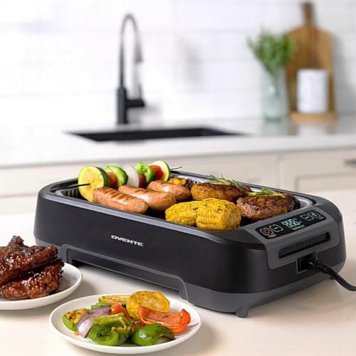 OVENTE Smokeless Indoor Grill, 1500W Electric Portable Korean BBQ Grill with One-Touch Control, LED Smart Display, Tempered Glass Lid, Two Removable Non-Stick and Dishwasher Safe Plates, Black SGR85B 5
