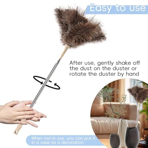 THARAHT Extendable Ostrich Feather Duster up to 27-94 inches Fluffy Feathers Long Handle Reusable for Cleaning Ceiling Fan Pendant lamp High Ceiling Blinds Furniture Feather Duster 5