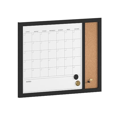 Martha Stewart Everette Magnetic Dry Erase Monthly Calendar and Cork Board Combo with Included Marker, Magnets, and Push Pins, 24"x18", Black Woodgrain Frame
