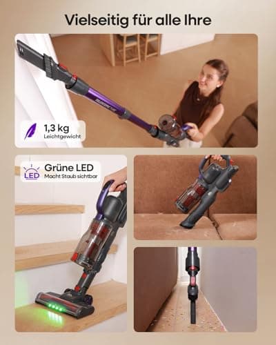 AlloyMove Cordless Vacuum Cleaner 45KPA, Up to 60mins Runtime Lightweight Powerful Suction Vacuum Cleaners for Home, 3 Suction Modes, Rechargeable Stick Vacuum for All Floor/Carpet/Pet Hair/Car, A03 6
