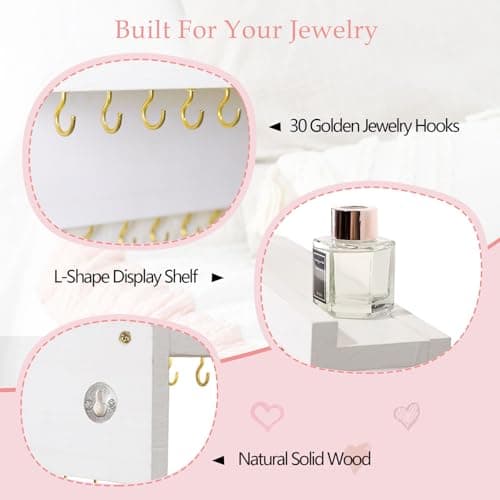 CCINPPY Necklace Holder Wall, Jewelry Holder Organizer Wall with 30 Jewelry Hooks and Shelf, Wooden Hanging Necklace Hanger Organizer Wall Mount for Necklaces Bracelets, and Chains White 5