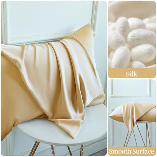 Mulberry Silk Pillowcase for Hair and Skin Standard Size 20"X 26" with Hidden Zipper, Softer Than Silk Pillow Cases Queen Smooth Cooling Pillow Covers for Sleeping(Champagne Gold,Standard,1Pcs) 9