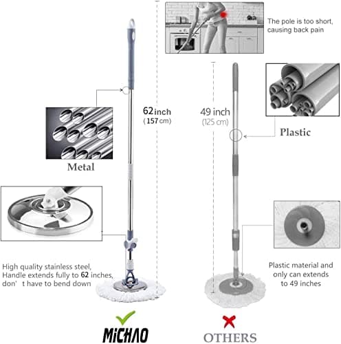Michao Spin Mop Bucket Deluxe 360 Spinning Floor Cleaning System with 6 Microfiber Replacement Head Refills,62" Extended Handle,4X Wheel for Home Cleaning 7