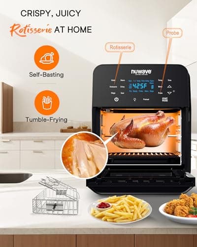 Nuwave Brio 15.5Qt Air Fryer Toaster Oven & Rotisserie Kit, 2024 New Advanced Turbo Convection Tech, Healthy PFAS Free, Max Even & Crisp, Powerful 1800W, 50-425°F, 150 Presets, Smart Probe, 4 Rack 5