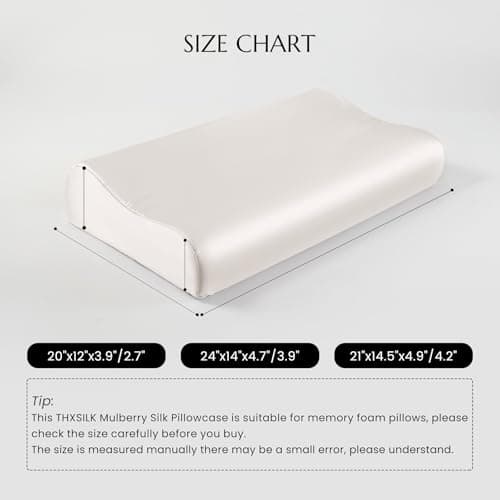 THXSILK 19 Momme 100% Mulberry Silk Pillowcase for Contour Memory Foam Pillow, Contour Pillow Case Cover, Cervical Pillow Case, Pack of 1(Natural White, 20"x12"x3.9"/2.7") 7