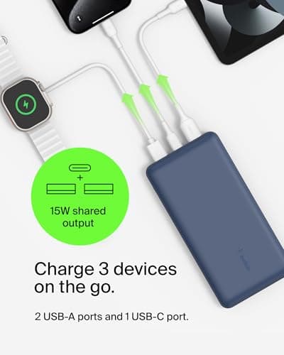 Belkin Portable Charger, USB C Power Bank 20000 mAh w/ 2 USB-A Ports, 15W w/ Type-A to Type-C Cable - iPhone 17, Air, Pro, Pro Max, AirPods, Samsung Galaxy S25, S24, Google Pixel 10, iPad, etc. - Blue 5