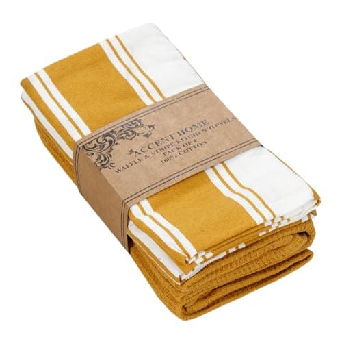 ACCENTHOME Waffle Kitchen Towels Set of 4 100% Cotton Stripe Design Tea Towel Absorbent Hand Dish Cloths for Drying & Cleaning Rags. Christmas Holidays Gifting 18 x 26 Inch in White & Mustard