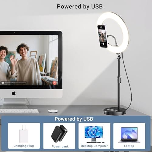 Desk Ring Light with Magnetic Phone Holder, 10'' Video Conference Podcast Lighting Kit for Laptop Computer Monitor Zoom Call Streaming, 3 Color LED Halo Light with Adjustable Stand for Home Office 7
