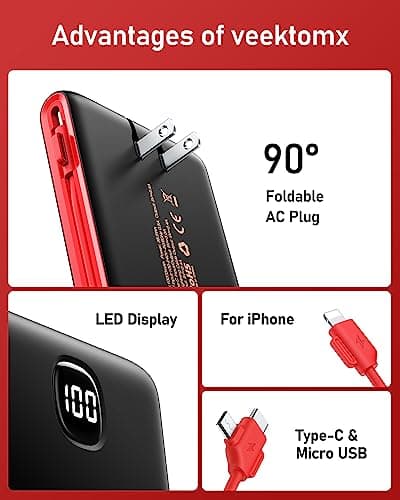 VEEKTOMX Portable Charger with Built in Cables 10000mAh, Power Bank for iPhone with AC Wall Plug, Fast Charging USB C Slim Battery Pack with LED Display Compatible with iPhone 17/16/15/14, Samsung 8