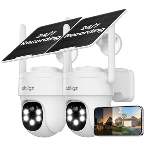 obligz Solar Camera Security Outdoor - AOV 24/7 Recording Security Cameras Wireless Outdoor with 360° View, Human Auto Tracking, 2K Night Vision, Compatible with Alexa/Google Assistant (2 Pack)