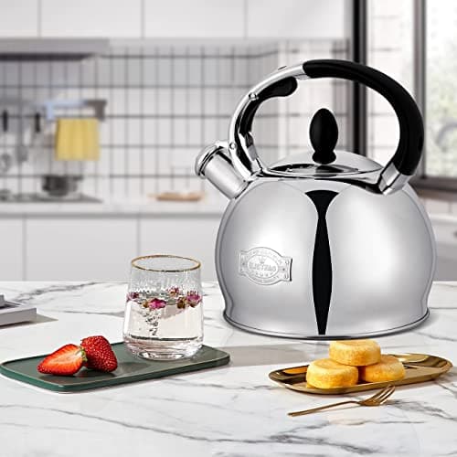 SUSTEAS Stove Top Whistling Tea Kettle - Food Grade Stainless Steel Teakettle Teapot with Cool Touch Ergonomic Handle, With 1 Silicone Pinch Mitt Included,2.64 Quart(SILVER) 5