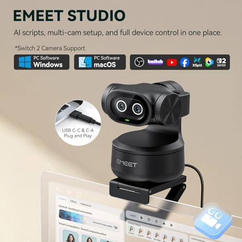EMEET PIXY Dual-Camera AI-Powered PTZ Camera 4K, AI Tracking, PDAF&AI Autofocus 0.2s, 1/2.55'' Sony Sensor, 3 Mics, Presets, Gesture Control, 4K Webcam for Streaming and OBS/Twitch/Switch 2 Compatible 7