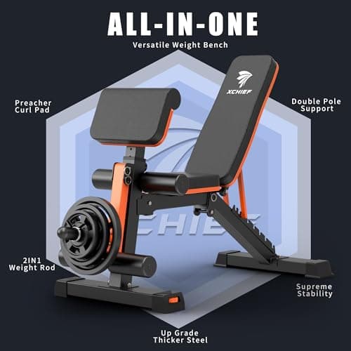 XCHIEF Adjustable Weight Bench - 1000LBS Capacity Heavy Duty Foldable Workout Bench for Full Body Exercise, Flat/Incline/Decline, Bench Press for Home Gym with Preacher Pad & Leg Extension 8