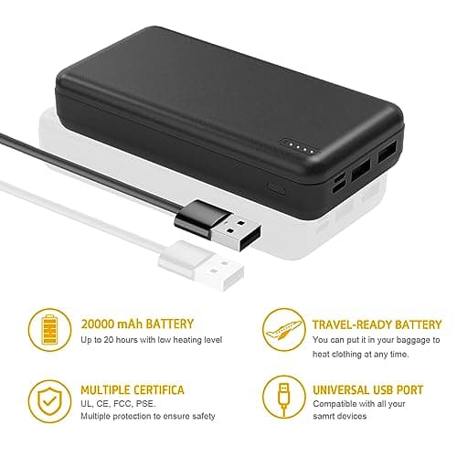 Whsahans 5V 2A 20000mah Heated Vest Heated Jacket Battery Pack Power Bank Rechargeable Battery for for Heated Vests Heated Jackets Heated Hoodies for Men Women(No DC Port, Not Suit for 7.4v) 6