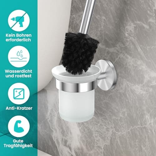 Dailyart Toilet Bowl Brush Holder Set: Deep Cleaning Toilet Brush - Bathroom Accessories Stainless Steel & Glass Toilet Cleaner Brush - No Drilling Wall Mounting Toilet Cleaner Brush with 2 Brushes 5