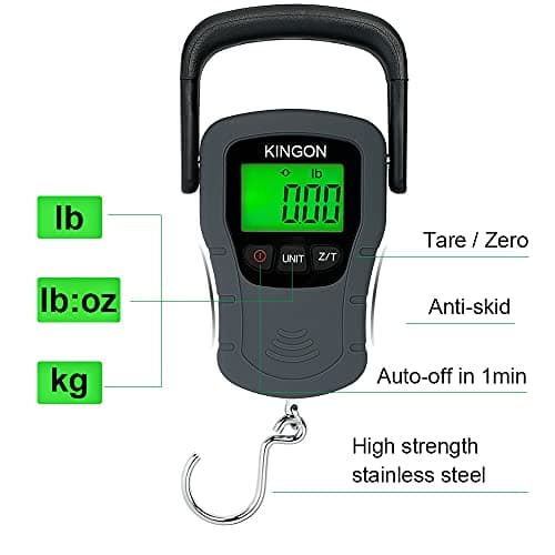 Digital Hanging Luggage Scale with Comfortable Handle and Large Hook, 110lb/50kg, Backlit Portable Scale for Travel Fishing with Tare/Hold Function, AAA Batteries Included, Grey 5