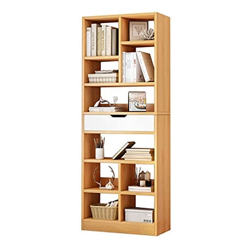 IOTXY Wooden Open Shelf Bookcase - 71 Inches Tall Freestanding Display Storage Cabinet Organizer with 10 Cubes and a Drawer, Floor Standing Bookshelf in Maple Yellow