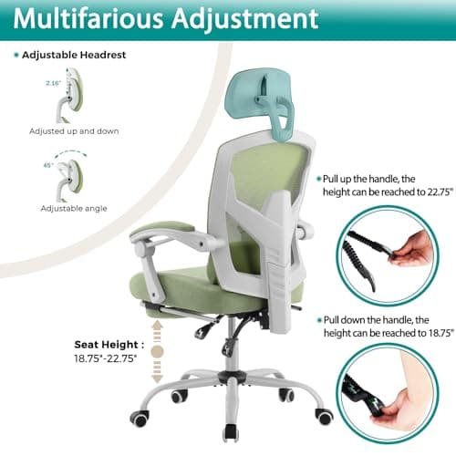 DUMOS Office Desk Chair with Footrest Ergonomic Gaming Chair for Adults Computer Mesh, Lumbar Support,Swivel Reclining with Headrest, Comfy Armrest for Home, Office, Work, Study, Light Green 5