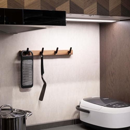 IURRDOP 17 Inch Walnut Wood Wall Mounted Coat Rack with 4 Black Hooks, Adhesive Mounted Entryway Hooks, Modern Natural Wooden Pegs for Hanging Coat Clothes Hat Bag Purse Key and Towel 3