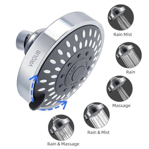 High Pressure Fixed Showerheads,5-Mode High Flow Fixed Showerheads,4inch Rain Shower Heads with adjustable Metal Swivel Ball Jiont 5