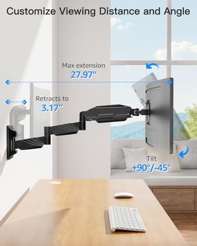 ErgoFocus Long Arm Monitor Wall Mount for Max 32 inch Computer Screen, Extra Long Adjustable Single Wall Mount Monitor Arm, Full Motion Vesa Wall Bracket 100x100, Hold up to 17.6lbs, Black 9