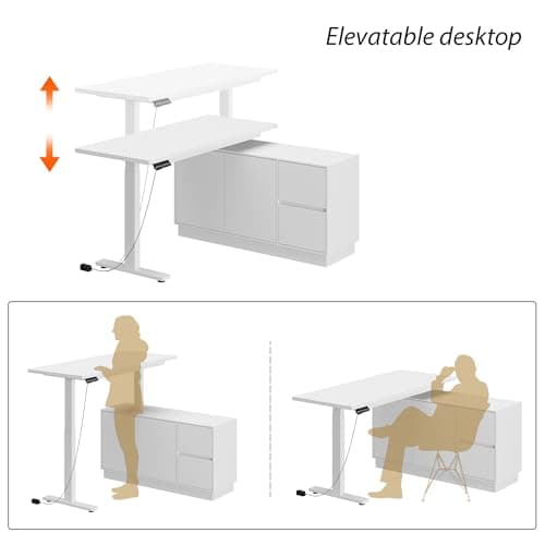 Homsee Electric Height Adjustable Standing Desk, L-Shaped Computer Desk with 2 Drawers & 2 Doors for Office, Workstation Table with Storage Cabinet for Writing Study Work Executive, White 8