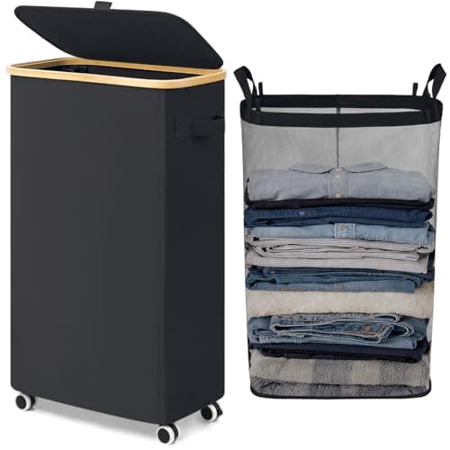Goodpick Slim Laundry Basket with Wheels and Lid, 75L Rolling Laundry Hamper for Dorm Home Decor, Large Clothes Hamper with Bamboo Frame Removable Bag, Black, 17" x 9.8" x 29.5"