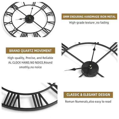 Mee 2ou Large Wall Clock - 40cm/ 16 Inches Silent Non-Ticking Metal Wall Clock, Black, Vintage Modern Style, Battery Operated, Ideal for Living Room, Bedroom, Office, Farmhouse Decor 6
