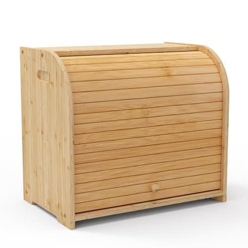 WRONWA Natural Bamboo Bread Box for Kitchen Countertop, Double Layer Roll Top Bread box, Large Wooden Breadbox for Homemade Bread