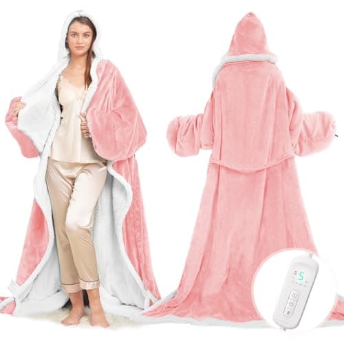 Wearable Heated Blanket with Foot Pocket, Electric Wearable Throw Blanket with Sleeves, Hood, Portable Heated Blanket with 8 Heat Settings, 1-10 Hours Auto Shut-off, Gift for Family, Friends, 50*70"