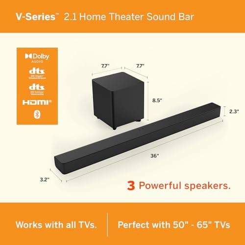 VIZIO V-Series 2.1 Home Theater Sound Bar with Dolby Audio, DTS Virtual:X, Bluetooth, Wireless Subwoofer, Voice Assistant Compatible, Includes Remote Control - V21x-J8 15