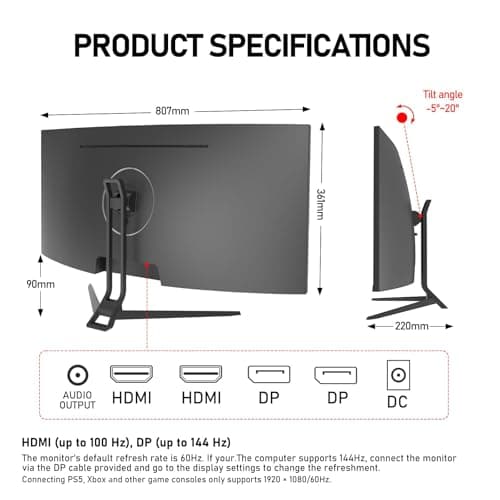 Gawfolk 34 Inch Ultrawide Curved 144Hz Gaming Computer Monitor 1500R PC Screen 21:9 UWQHD (3440x1440),Adaptive Sync,178° Viewing Angle,HDMI、Display Port,Compatible with Wall mounting - Black, GF340A 7