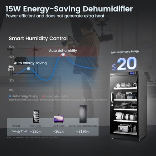 FORSPARK 125L Dual-Core Camera Dehumidifier Dry Cabinet, Quiet Humidity Control Storage with Lock & 4 Adjustable Shelves for DSLR, Lenses, Drones, Studios, Collectibles - 15W Energy Efficient, Black 5
