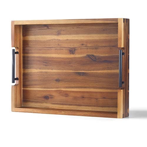 Ottoman Tray, Acacia Wood Serving Tray with Metal Handles, 16.5x12.5in Food Drinks Tray for Coffee Table, Breakfast, Dinner & Bar, Rustic Decorative Storage Tray for Ottoman, Kitchen, Packaging